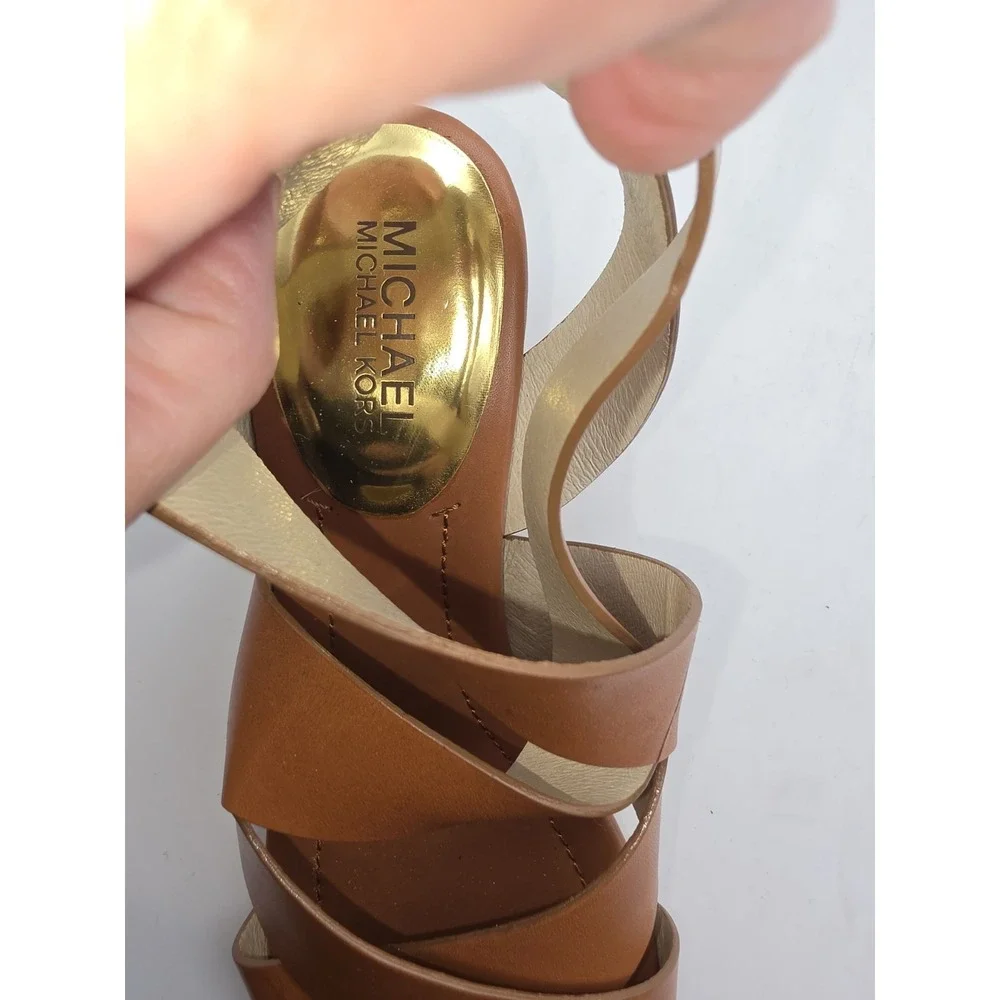 MICHAEL Michael Kors Maribella Luggage Brown Leather Sandals Tortoise Heel Sz 10